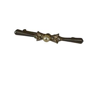 Vintage Bar Brooch Faux Pearl Rhinestone Accent Gold Tone Art Deco Pin 2"